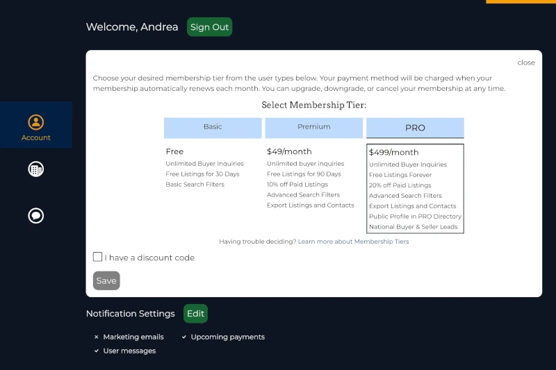 Three user subscription tiers